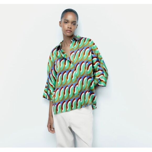 NWOT Zara Blogger’s Favorite Satin Effect Geometric Print Oversized Shirt, Small - Picture 2 of 16